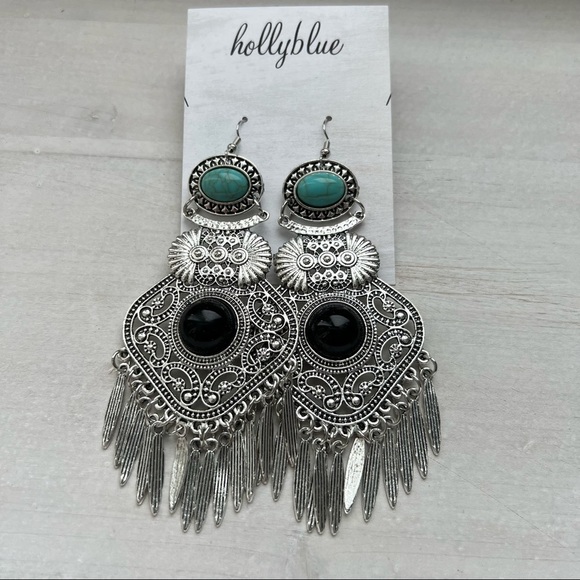 Boho Silver and Turquoise Tassel Oversized Dangle Retro Artsy Tribal Earrings - Picture 2 of 12